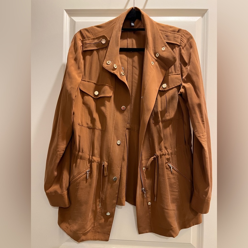 White House Black Market brown 100% silk duster jacket